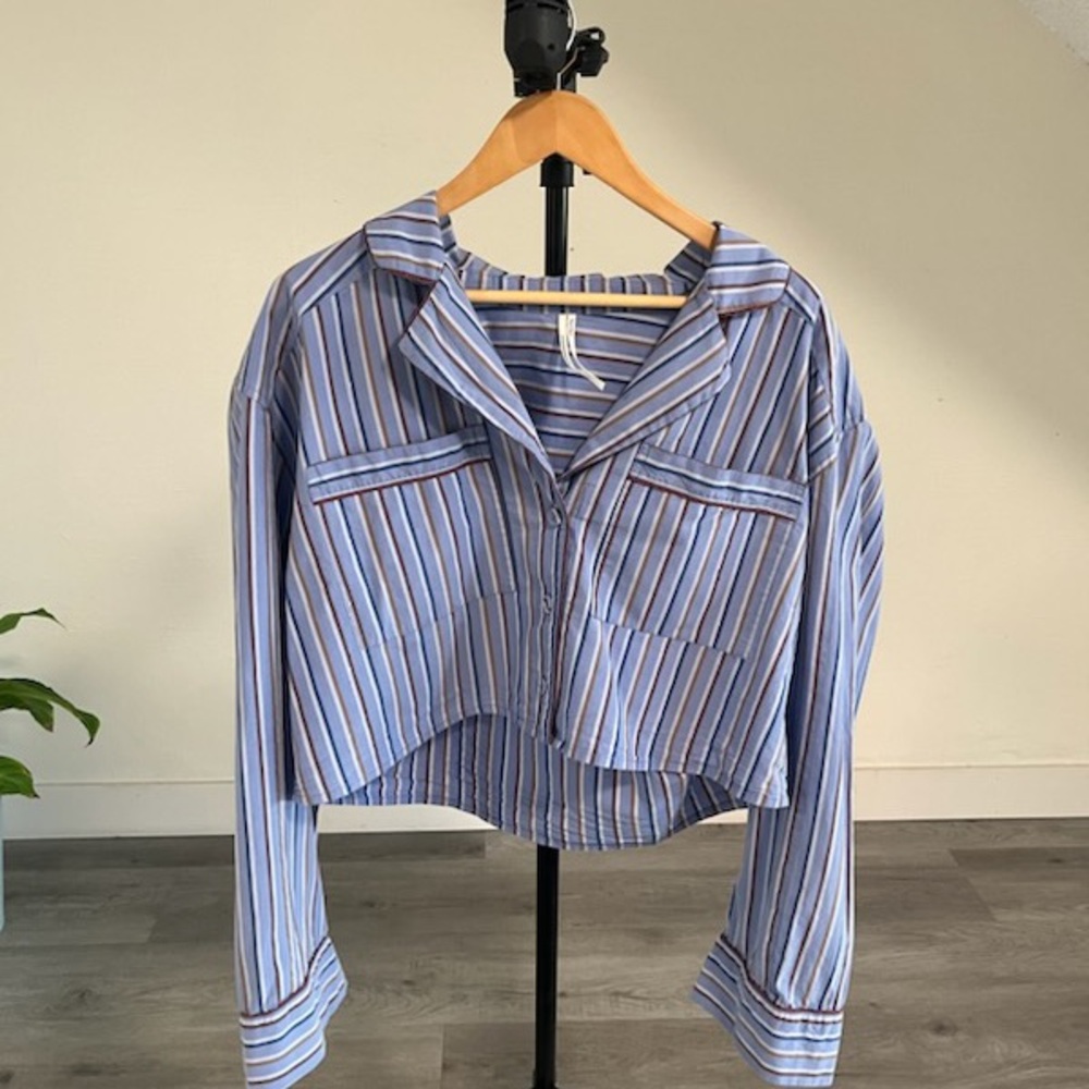 Anthro Striped Blue Cropped Oversized Boxy Button-Front Women's Top